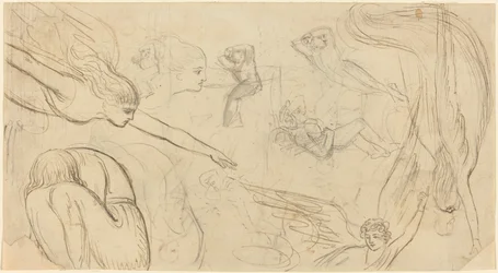 Arkusz studiów z aniołami i kulącymi się postaciami (ilustracja do Biblii Macklina?)