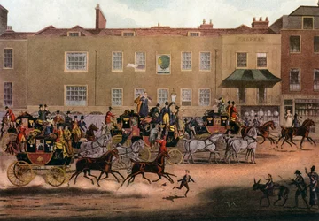 Północne dyliżanse pocztowe przy Peacock, Islington, 1823, 1927