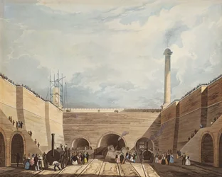 Wejście do kolei w Edge Hill, Liverpool, grawerowane przez H. Pyall, 1831 (ręcznie kolorowane akwaforty i akwatinta)
