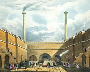 Wejście do kolei w Edge Hill, Liverpool, tablica 2 z „Liverpool and Manchester Railway”, grawerowana przez S.G. Hughesa, wyd. przez Ackermann und Co., 1833