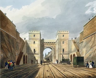 Mauretański łuk, widok z tunelu, tablica 10 z „Liverpool and Manchester Railway”, rytowana przez S.G. Hughesa, wydana przez R. Ackermanna, 1831