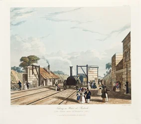 Branie wody w Parkside (stacja, na której upadł pan Huskisson), opublikowane w 1831 r. (rycina ręcznie kolorowana)