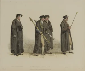 Wicekanclerz, Esquire Beadle, Yeoman Beadle, Verger, rycina J. Agar, opublikowana w „History of Oxford” R. Ackermanna, 1813 (rycina ręcznie kolorowana)