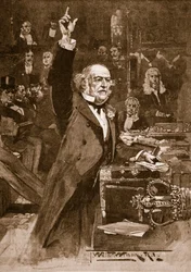 Wprowadzenie ustawy o zasadach panujących w domu: Pan Gladstone wygłasza swoje przemówienie, 1886, ilustracja z „Ilustrowanej historii Anglii Cassella” (zdjęcie w sepii)