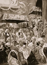 Procesja z Westminster Hall podczas koronacji Jerzego III i królowej Charlotte, 22 września 1761, z „The Illustrated London News”, 1902