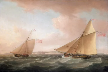 Jacht Brytyjskiej Służby Latarni Morskich i Revenue Cutter (żaglówka uzbrojona do walki z przemytem) u wybrzeży Ramsgate (Anglia)