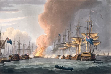 Zniszczenie floty duńskiej przed Kopenhagą, 2 kwietnia 1801, grawerowane przez Thomasa Sutherlanda dla „Naval Achievements” J. Jenkinsa, 1816