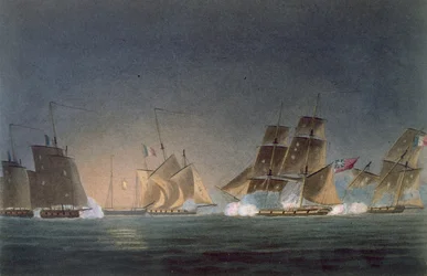 HMS Rinaldo z czterema francuskimi kaperami, grawerowany przez J. Baileya dla „The Naval Chronology of Great Britain” J. Ralfe, opublikowany 1820