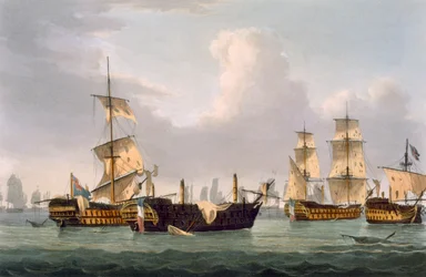 Bitwa lorda Hothama, 14 marca 1795, rycina Thomasa Sutherlanda do „Naval Achievements” J. Jenkinsa, 1816