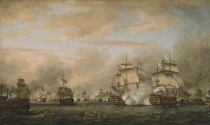 Bitwa pod Saintes, 12 kwietnia 1782. HMS Barfleur atakuje francuski okręt flagowy Ville de Paris