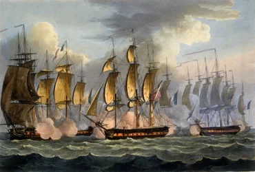 The Capture of La Prévoyante i La Raison, 17 maja 1795, z „The Naval Achievements of Great Britain” Jamesa Jenkinsa, grawerowane przez Thomasa Sutherlanda, opublikowane 1817 (akwatinta ręcznie kolorowana)