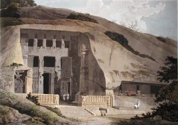 Wykopana świątynia na wyspie Salsette, tablica III z „Pejzaż orientalny”, opublikowana 1799 (kolorowa akwatinta) (patrz 136976)