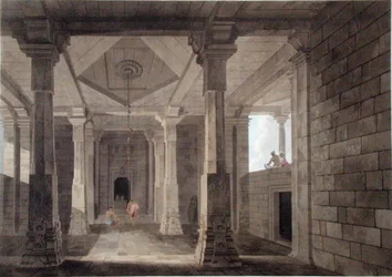 Część wnętrza świątyni hinduskiej w Deo, w Bahar, tablica VI z "Oriental Scenery", wyd. 1800 (akwatinta barwna)