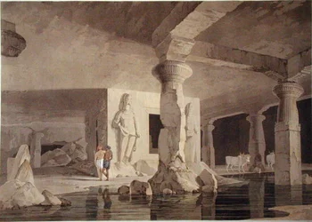 Część Świątyni Elephanta, tablica VIII z "Oriental Scenery", opublikowana w 1800 r. (akwatinta barwna)