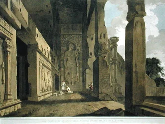 Portyk wykopanej świątyni na wyspie Salsette, tablica 55 z „Oriental Scenery: Twenty Four Views in Hindoostan”, opublikowana 1799 (kolor lito) (zob. 195050)