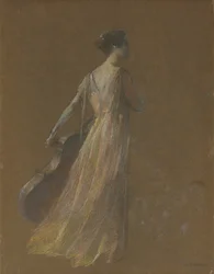 Kobieta stojąca trzymająca wiolonczelę (pastel na papierze)
