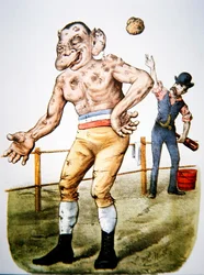 „The Loser” lub „Throwing in the sponge”, rysunek przedstawiający walkę o nagrody, opublikowany przez Currier & Ives w 1883 r. (kolor lito)