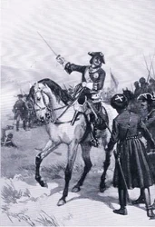 Piotr Wielki w bitwie pod Pułtową, ilustracja z książki Zabytki w historii Europy wydanej przez Gresham Publishing Co, c.1920 (lito)