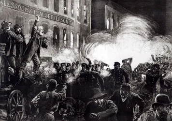 Anarchistyczne zamieszki w Chicago: bomba dynamitowa eksplodująca wśród policji, z „Harper
