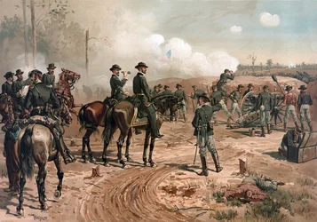 Wojna secesyjna w USA: generał Sherman podczas oblężenia Atlanty w 1864 r. (litografia)