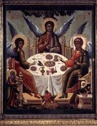 „Gościnność Abrahama” Abraham podaje baranka trzem aniołom, którzy przyszli prosić go o gościnę. Obraz Tichona Filatyjewa (czynny ok. 1675-1697) XVII-wieczna katedra Zaśnięcia na Kremlu w Moskwie