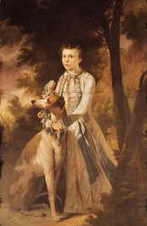 Portret Johna Grahama, jako chłopca, pełnometrażowy, w indyjskim stroju, trzymającego girlandę kwiatów na szyi charta u boku, w krajobrazie.,