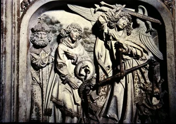 Grób Henryka II (973-1024) i jego żony Kunigundy, szczegół ważenia serca Henryka II w obecności św. Wawrzyńca