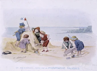 Gry dla dzieci: dzieci budują zamek z piasku - dess. de Lobrichon, wyd. przez Phosphatine Falières, v.1920