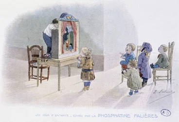 Gry dla dzieci: lalki (Guignol?) - dess. de Lobrichon, wyd. Fosfatyna Falieres, v.1920