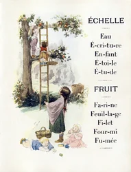 Litery E i F przedstawiające dzieci piekące pomarańcze, koniec XIX w. (chromolitografia)