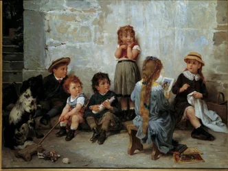 Pasjonujący fragment Dzieci słuchające książki. Obraz Timoleona Lobrichona (1831-1914) XIX wiek. Prywatna kolekcja