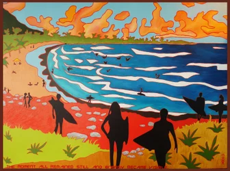 Surferzy na plaży Dulan, 2010, olej na płótnie