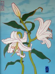 Biała lilia na niebieskim tle, 2010, olej na drewnie