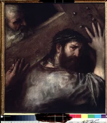 Chrystus dźwigający krzyż (Le portement de croix) (Chrystus dźwigający krzyż). Obraz Tycjana lub Le Tycjana (Tiziano Vecellio lub Vecelli lub Tiziano da Cador