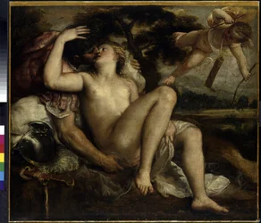 Mars, Wenus i Kupidyn. Obraz Tiziana Vecellego lub Vecellia, także Tiziana da Cador, zwanego Tycjanem lub Le Titien (około 1490-1576), olej na płótnie, około 1530. Sztuka włoska (Wenecja)
