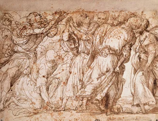 Studium grupy apostołów w kościele Wniebowzięcia Frari w Wenecji, Tiziano Vecellio (ok. 1490-1576), rysunek piórem i tuszem