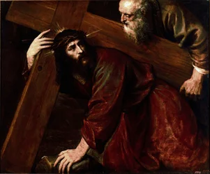 Chrystus i Szymon z Cyreny - Szymon z Cyreny pomaga Jezusowi nieść krzyż. Obraz Tiziana Vecellia, zwanego Tycjanem (1485-1576)