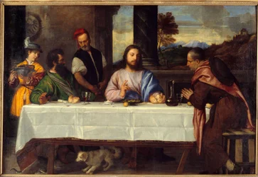 Kolacja w Emaus Spotkaj Jezusa z pelerinami. Obraz Tiziano Vecellio dit le Titian (1485-1576) XVI w. Słońce. 1,69x2,44 m²