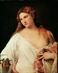 Flora. Obraz Tiziana Vecellia, zwanego Tycjanem, około 1515. Wymiary 64 x 80 cm. Galeria Uffizi, Florencja