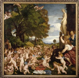 Offrande a Wenus Małe miłośniczki (aniołki) zbierają się, aby oddać hołd bogini Afrodycie - Obraz Tiziano Vecellio zwany Tycjanem (1485-1576) 1518 Nd. 1,72 X 1,75 m Madrid musee du Prado - Kult Wenus - Obraz Tiziano Vecellio zwany Tit