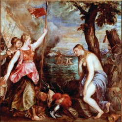 Hiszpania na pomoc religii: alegoria zwycięstwa wojsk papieża Piusa V (w tym Hiszpanii) nad flotą Imperium Osmańskiego w bitwie morskiej pod Lepante w 1571 roku. Kobieta obnażona (religia) zostaje uratowana przez wojownika reprezentującego Hiszpania. Obraz