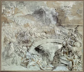 Wojny włoskie: „”Bitwa pod Cadore””” Bitwa, w której około 1508 r. miasto Pieve di Cadore sprzymierzyło się z Wenecjanami z oddziałami Maksymiliana I Habsburga. Rysunek czarnym kamieniem i pranie autorstwa Tiziano vecellio (1485-1576) zwanego Tycjanem. 16
