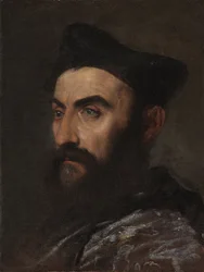 Portret duchownego, popiersie, w niebieskim płaszczu i czarnym kapeluszu - fragment