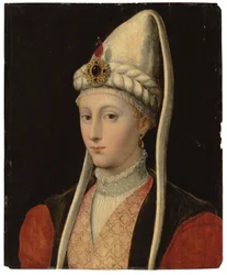 Portret kobiety, przypuszczalnie Haseki Hürrem Sultan, zwanej Roksolaną, popiersie w stroju osmańskim i nakryciu głowy wysadzanym klejnotami