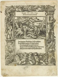 Mojżesz i gorejący krzew (recto) oraz Dzieciątko Mojżesz wrzucone do rzeki (verso) z Neue künstliche Figuren biblischer Historien, tablica 55 z drzeworytów z ksiąg XVI w.