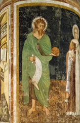 Św. Agnieszka i Św. Jan Chrzciciel, fragment kolumny zdobiony przez Tommaso da Modena (1325 lub 1326-przed 1379), fresk, kościół św. Mikołaja, Treviso, Włochy