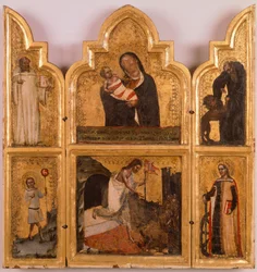 Drewniany, złoty poliptyk z Matką Boską z Dzieciątkiem, Zmartwychwstanie Chrystusa i Świętych, autorstwa Tommaso da Modena (1326-1379).