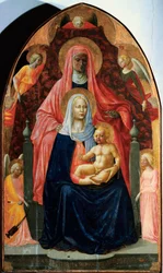 Madonna ma Dzieciątko ze Świętą Anną i Pięciu Aniołami Detrempe na drewnie Masaccio (Tommaso di ser Giovanni di Mone Cassai) (1401-1428) 1424-1425 Wymiary 175x103 cm Florencja, Galleria degli Uffizi (Biura)