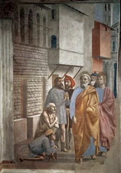 Święty Piotr uzdrawiający chorych swoim cieniem - Cień świętego Piotra uzdrawia chorych - fresk Tommasa di ser Giovanni di Mone Cassai, zwanego Masaccio (1401-1428), 229,8 x 161,9 cm