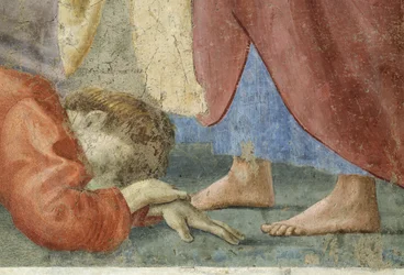 Św. Piotr Dystrybucja dóbr wspólnych Kościoła i śmierć Ananiasza, Szczegół Ananiasza, zmarłego u stóp Św. Piotra, fresk z ok. 1427 r., patrz także 57194, 63322 i 63323